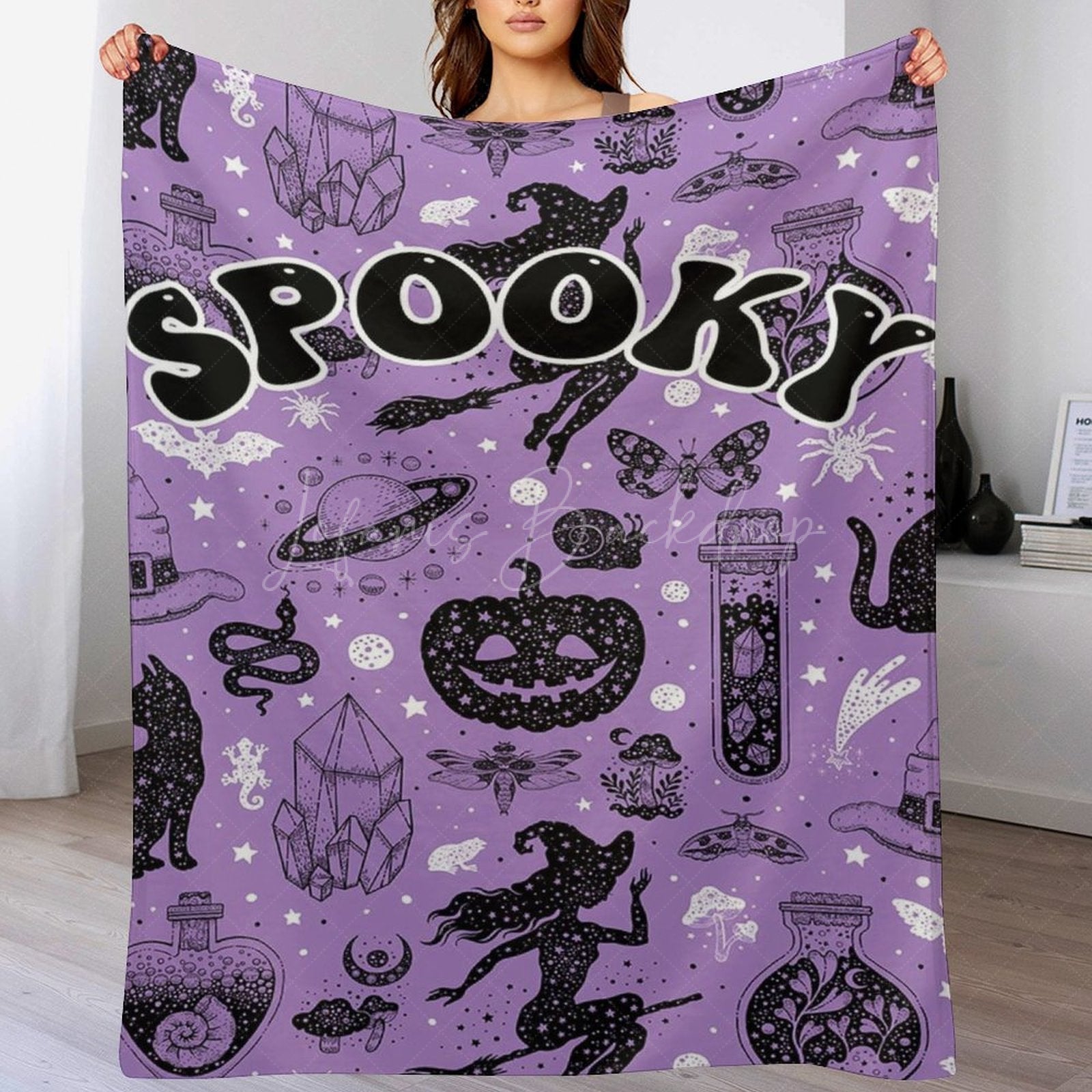 Lofaris Purple Black Halloween Spooky Custom Text Blanket