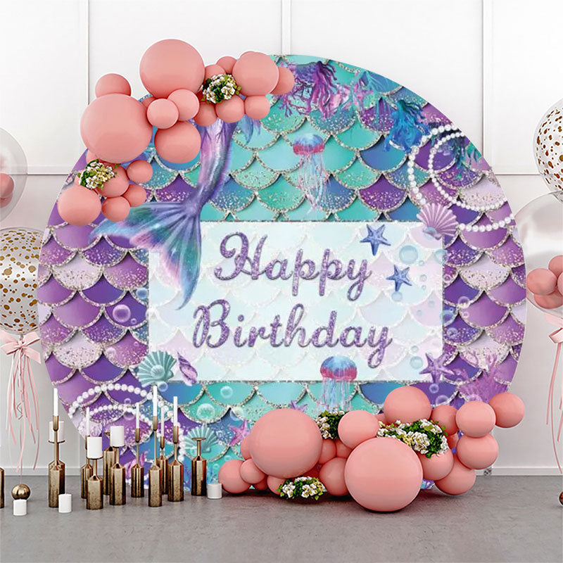 Lofaris Purple Cyan Mermaid Pearls Round Birthday Backdrop