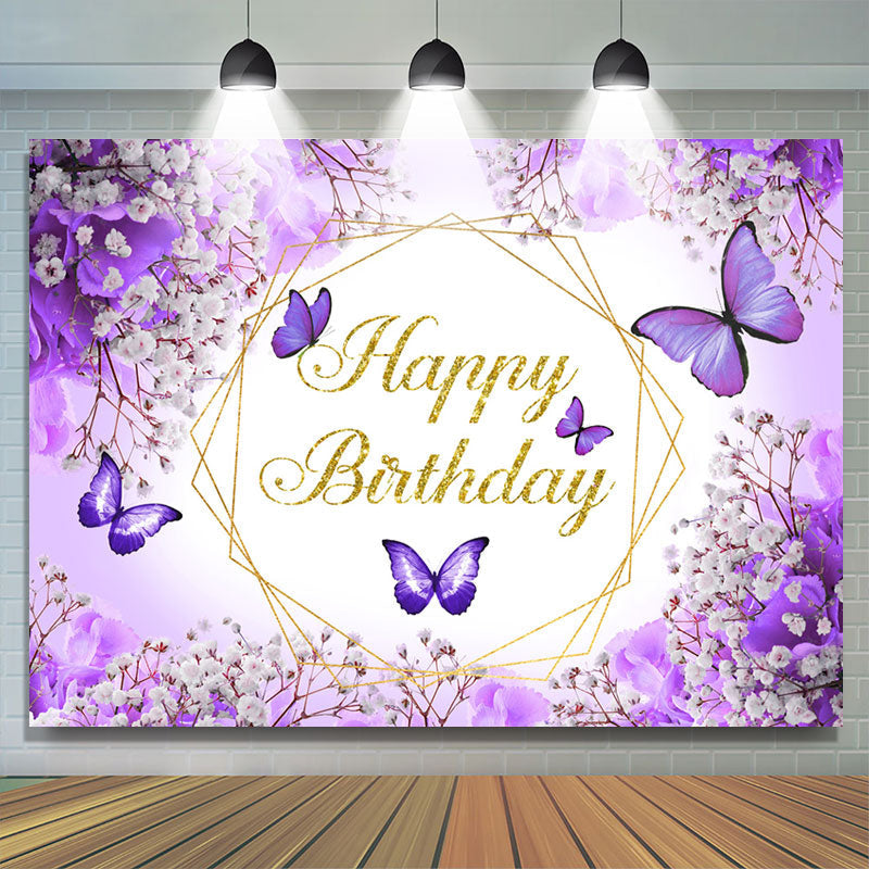 Purple Floral And Butterflies Happy Birthday Backdrop - Lofaris