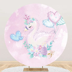 Lofaris Purple Floral Balloons Swan Round Birthday Backdrop