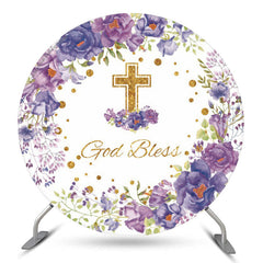 Lofaris Purple Floral God Bless Baptism Round Backdrop