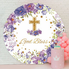 Lofaris Purple Floral God Bless Baptism Round Backdrop