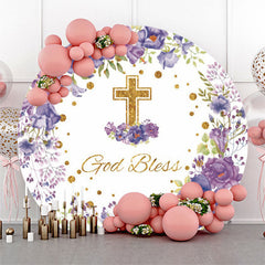 Lofaris Purple Floral God Bless Baptism Round Backdrop