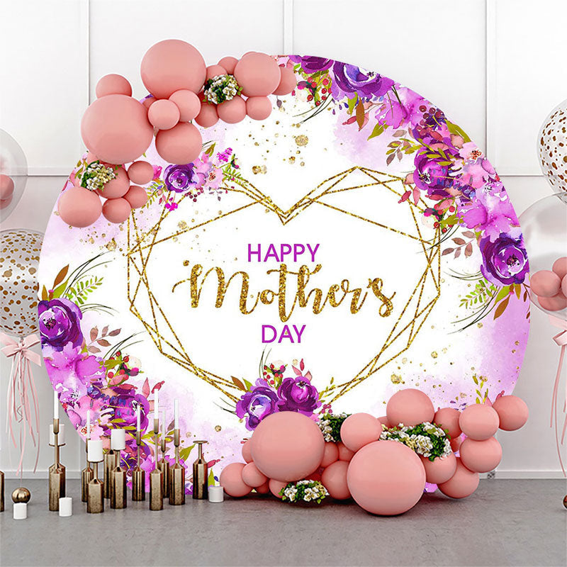 Lofaris Purple Floral Gold Heart Round Mothers Day Backdrop