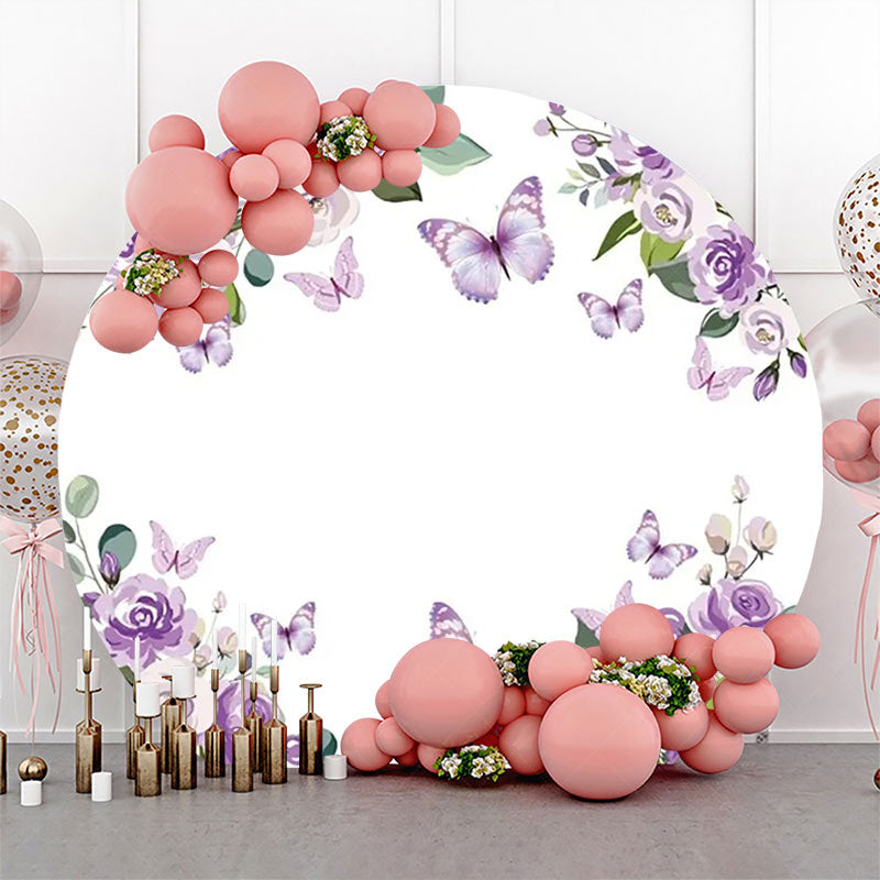 Lofaris Purple Floral Leaf Butterfly Round Birthday Backdrop