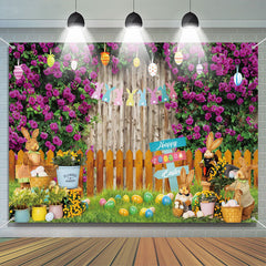 Lofaris Purple Floral Wall Fence Bunny Eggs Easter Backdrop