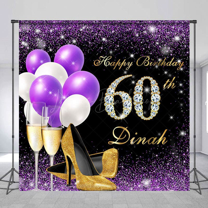 Lofaris Purple Glitter Balloon Custom 60th Birthday Backdrop