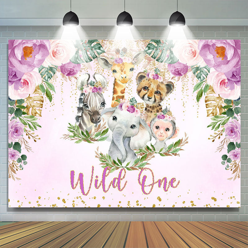 Lofaris Purple Glitter Floral Safari Wild One Birthday Backdrop