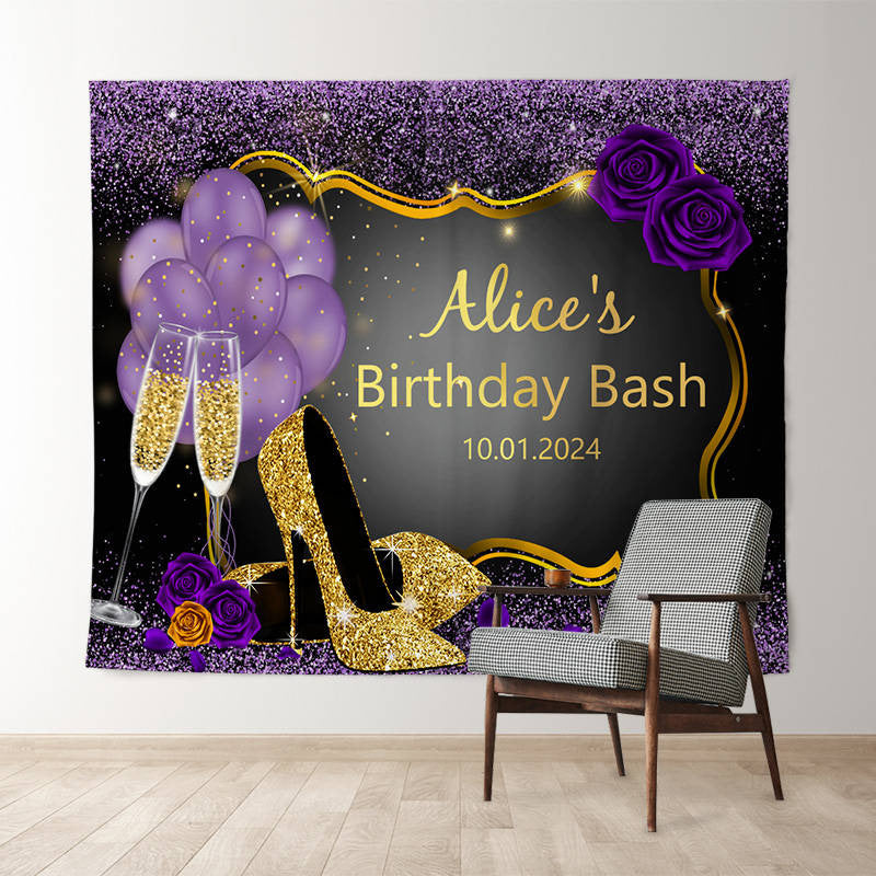 Lofaris Purple Glitter High Heel Rose Custom Birthday Backdrop