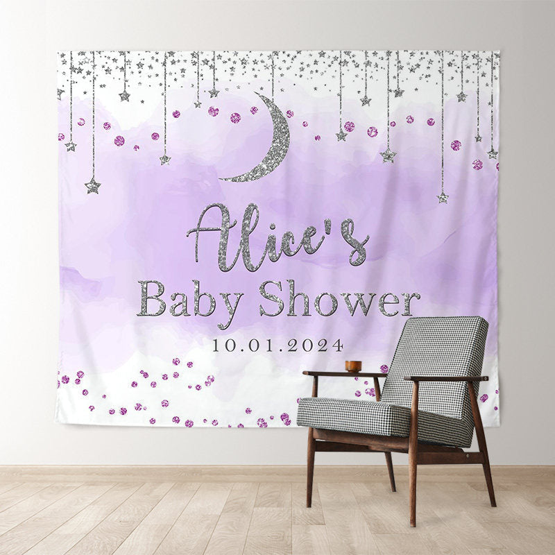 Lofaris Purple Glitter Moon Star Custom Baby Shower Backdrop