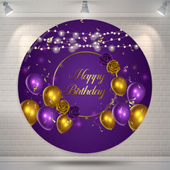 Lofaris Purple Gold Balloon Happy Birthday Round Backdrop