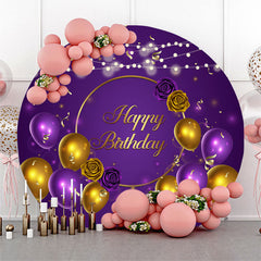 Lofaris Purple Gold Balloon Happy Birthday Round Backdrop