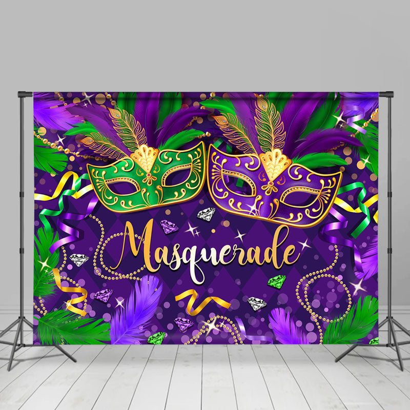 Lofaris Purple Green Bokeh Feather Diamonds Mask Party Backdrop