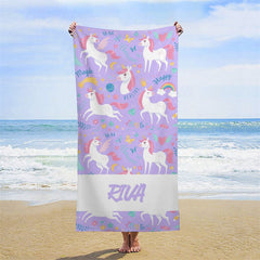 Lofaris Purple Happy Unicorn Flowers Custom Beach Towel