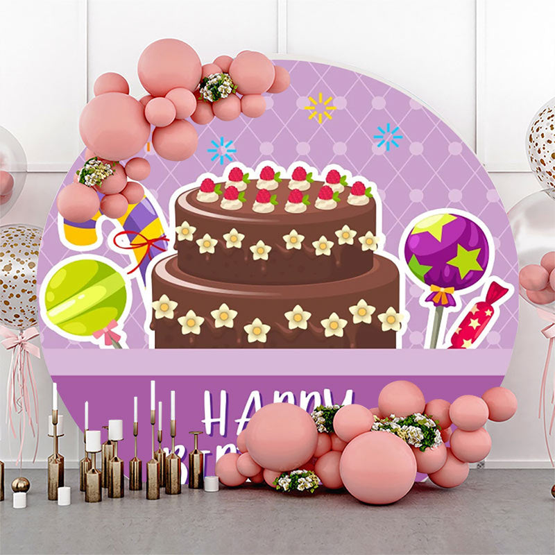 Lofaris Purple Plaid Candyland Cake Round Birthday Backdrop