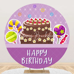 Lofaris Purple Plaid Candyland Cake Round Birthday Backdrop