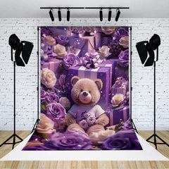 Lofaris Purple Rose Cute Teddy Bear Gift Phtooshoot Backdrop