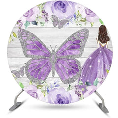 Lofaris Purple Silver Floral Wooden Round Birthday Backdrop