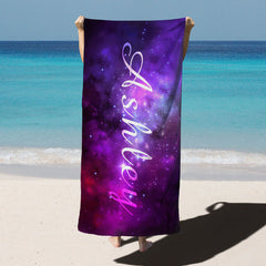 Lofaris Purple Space Galaxy Personalized Name Beach Towel