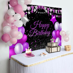 Lofaris Purple Star Balloons Glitter Happy Birthday Backdrop