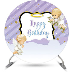 Lofaris Purple Stripe Angel Baby Happy Birthday Backdrop