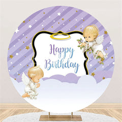 Lofaris Purple Stripe Angel Baby Happy Birthday Backdrop