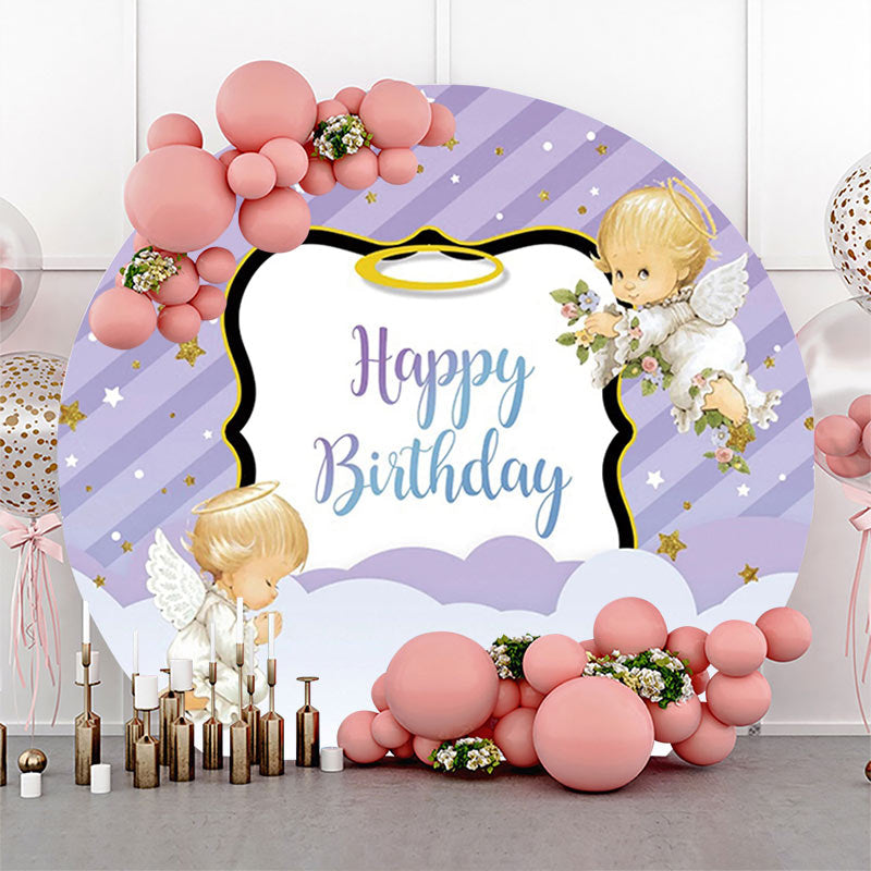 Lofaris Purple Stripe Angel Baby Happy Birthday Backdrop