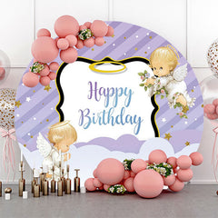 Lofaris Purple Stripe Angel Baby Happy Birthday Backdrop