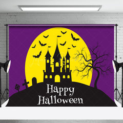 Lofaris Purple Vibe Mountain Villa Bat Happy Halloween Backdrop