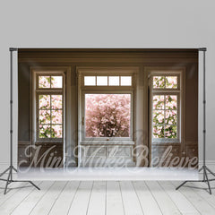 Lofaris Quadrate Glass Door Blooming Pink Flowers Backdrop