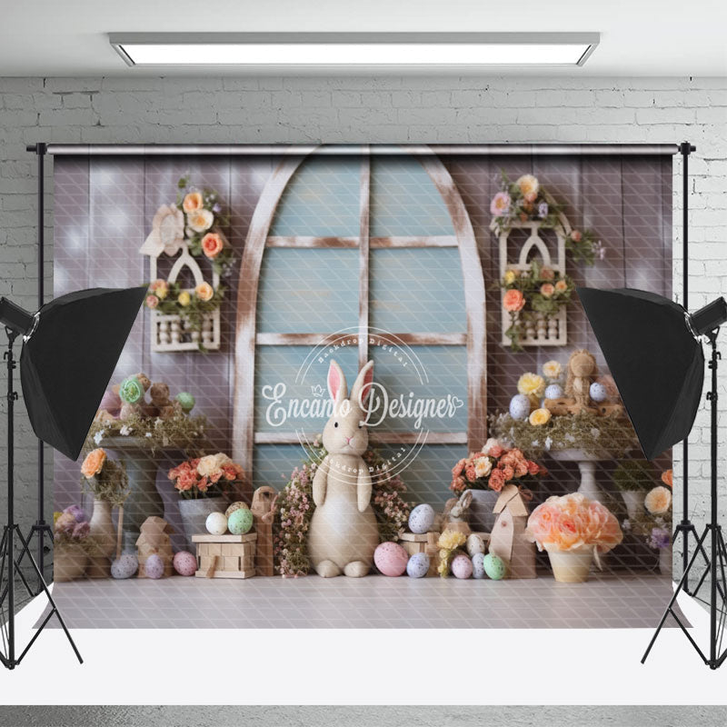 Lofaris Rabbit Floral Egg Wood Wall Easter Photo Backdrop