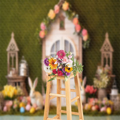 Lofaris Rabbits Eggs Floral Grass Wall Easter Photo Backdrop