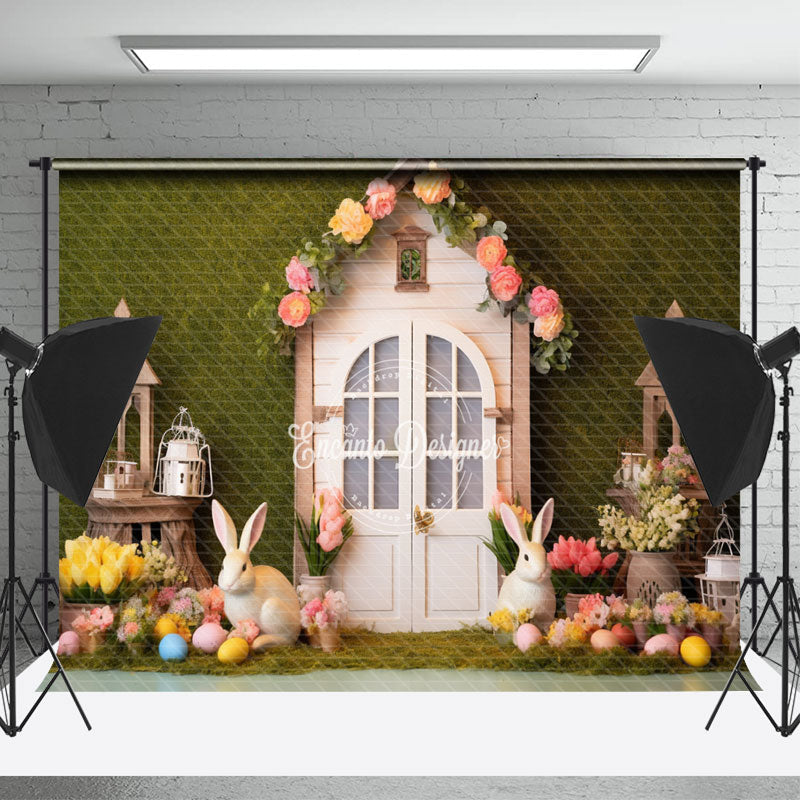 Lofaris Rabbits Eggs Floral Grass Wall Easter Photo Backdrop