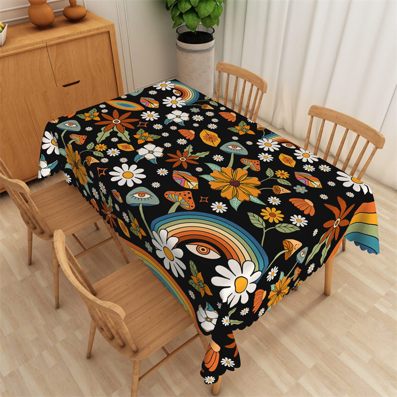 Lofaris Rainbow Flowers Black Pattern Rectangle Tablecloth