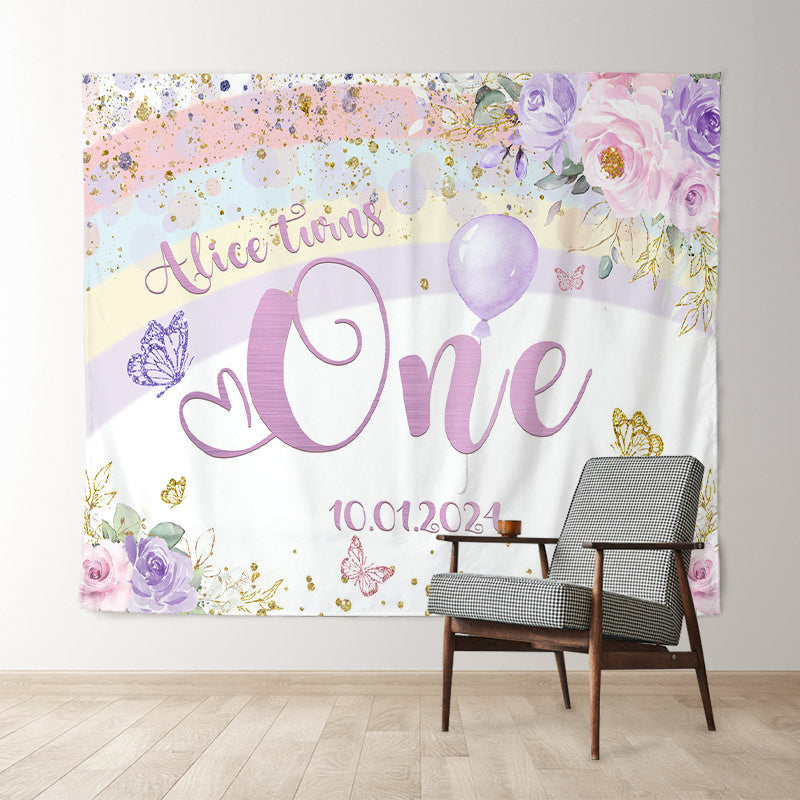 Lofaris Rainbow Glitter Floral Custom 1st Birthday Backdrop