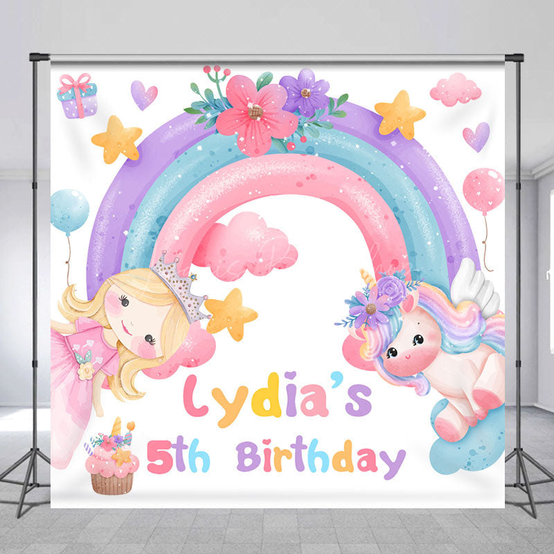 Lofaris Rainbow Horse Floral Custom 5th Birthday Backdrop