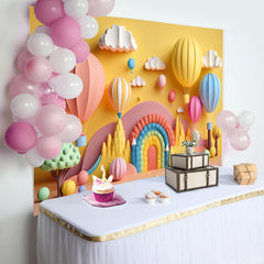 Lofaris Rainbow Hot Air Balloons Cloud Birthday Backdrop