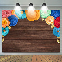 Lofaris Rainbow Paper Flower Brown Wood Dance Party Backdrop