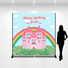 Lofaris Rainbow Pink Castle Custom Happy Birthday Backdrop