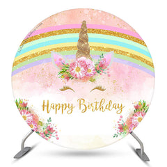 Lofaris Rainbow Pink Unicorn Round Happy Birthday Backdrop