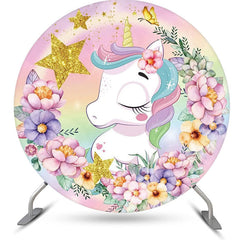 Lofaris Rainbow Stars Floral Unicorn Round Birthday Backdrop