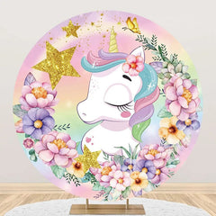 Lofaris Rainbow Stars Floral Unicorn Round Birthday Backdrop