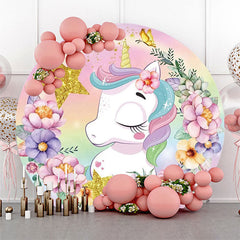 Lofaris Rainbow Stars Floral Unicorn Round Birthday Backdrop