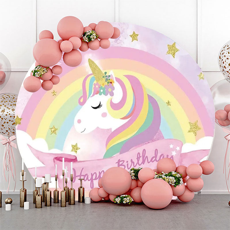 Lofaris Rainbow Unicorn Gold Star Round Birthday Backdrop