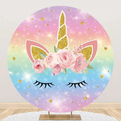 Lofaris Rainbow Unicorn Pink Floral Round Birthday Backdrop