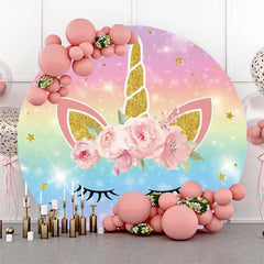 Lofaris Rainbow Unicorn Pink Floral Round Birthday Backdrop