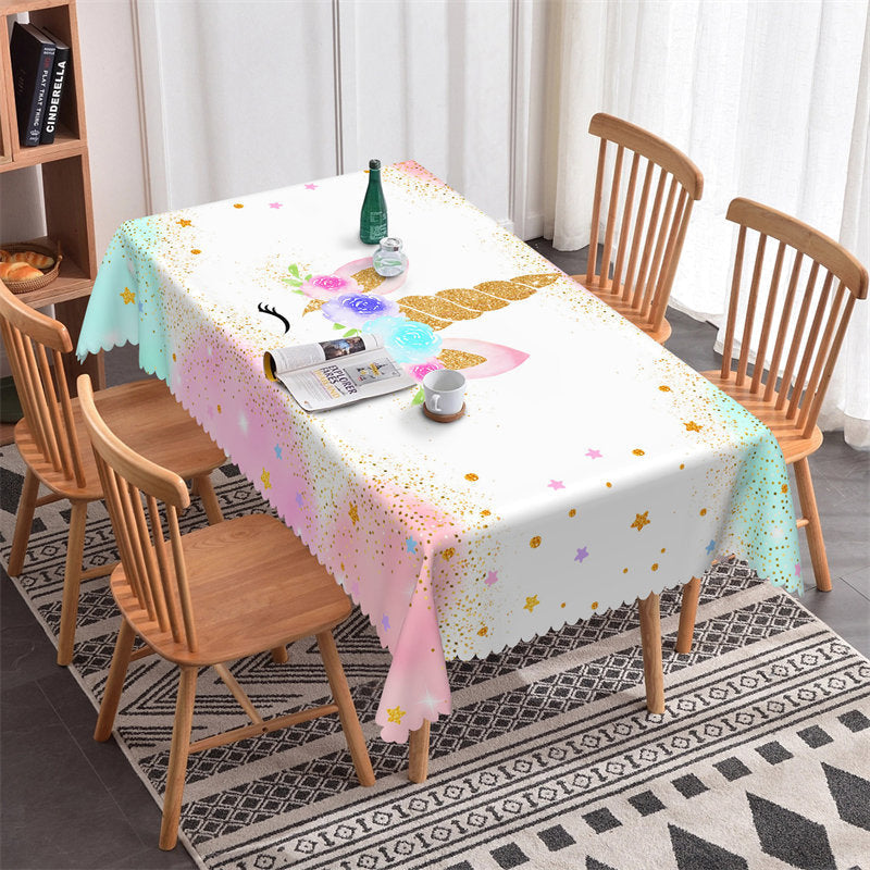 Lofaris Rainbow Unicorn Watercolor Glitter Stars Tablecloth