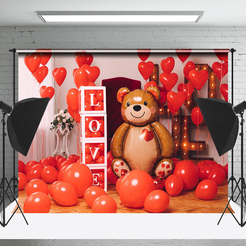 Lofaris Red Balloons Bear Valentines Day Backdrop For Photo