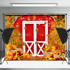 Lofaris Red Barn Door Pumpkins Fall Photography Backdrop