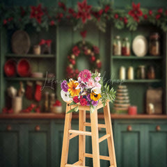 Lofaris Red Bells Green Leaves Kitchen Christmas Backdrop